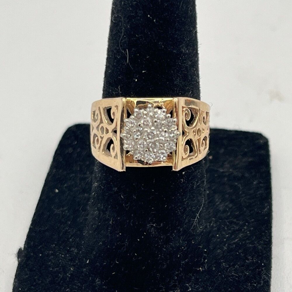 VINTAGE 14K YELLOW GOLD 20 DIAMOND CLUSTER RING FILIGREE SIZE 6